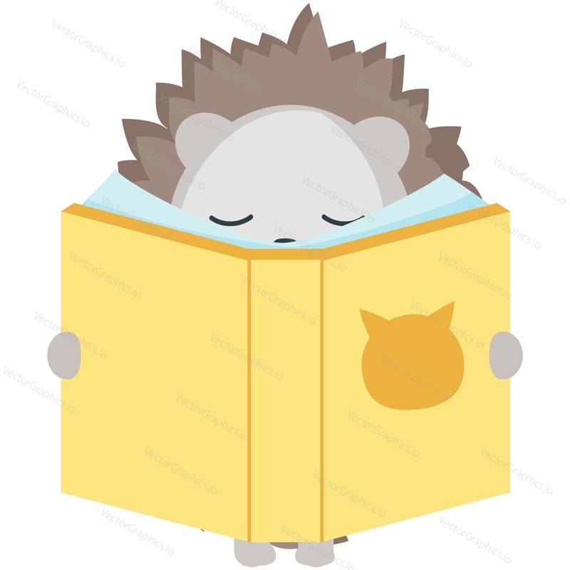 Hedgehog vector. Cartoon animal with book illustration. Cute forest reader character reading story isolated on white background