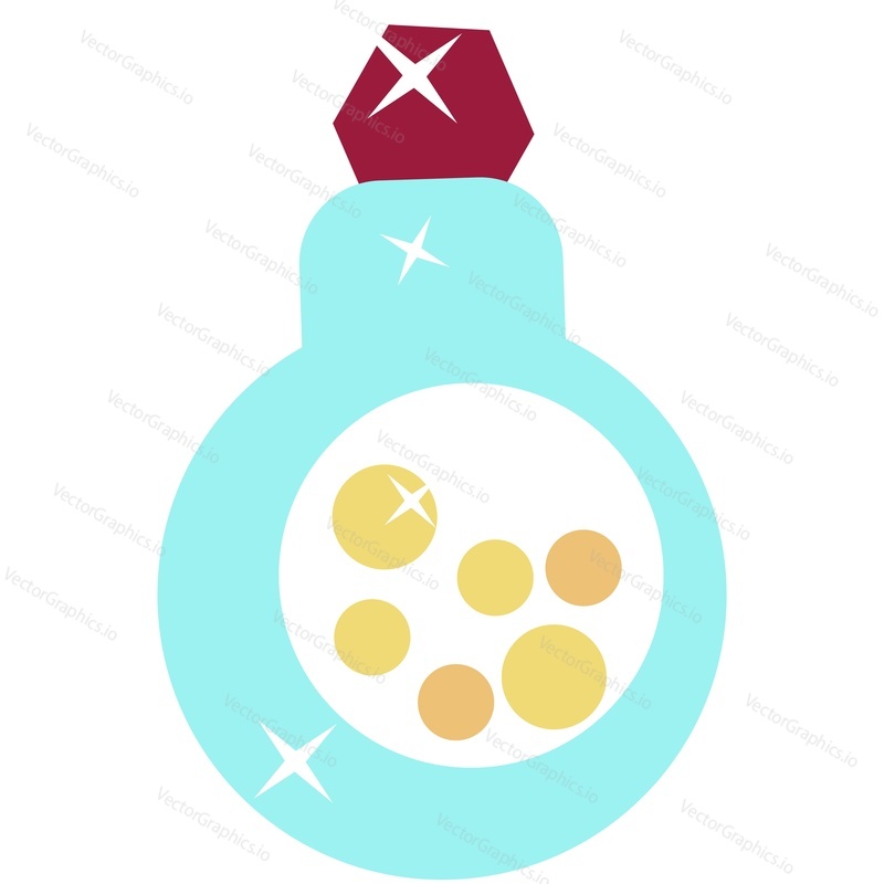 Enchantress or witch potion bottle vector illustration. Cartoon witchcraft drink. Isolated fantasy sorceress or fairy treat with bubbles in sparkling glass on white background