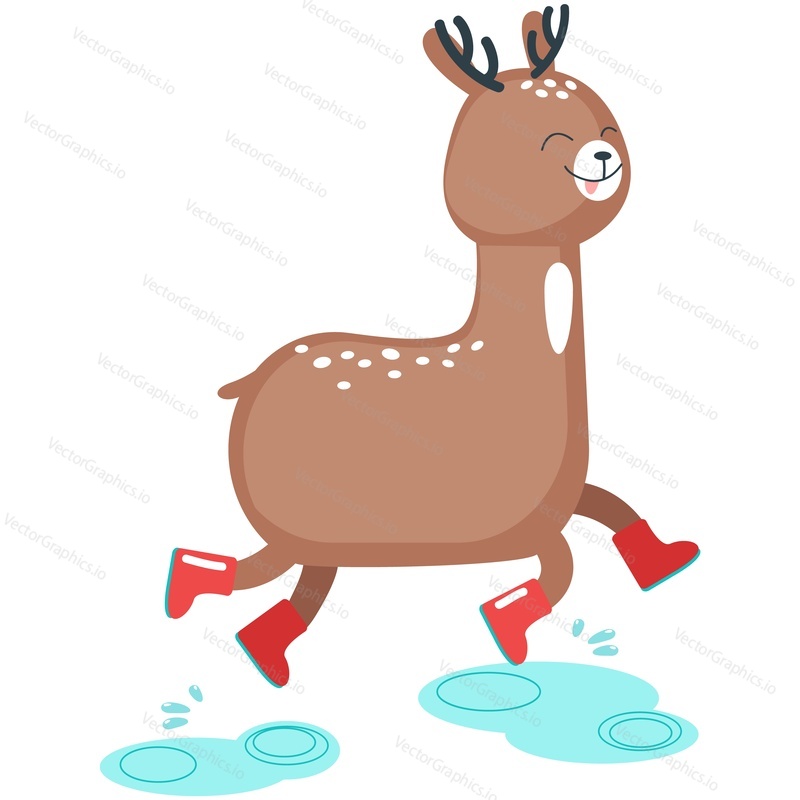 Vector deer illustration. Autumn animal icon. Isolated cartoon happy funny character cute wearing rubber rain boots jumping in puddle on white background