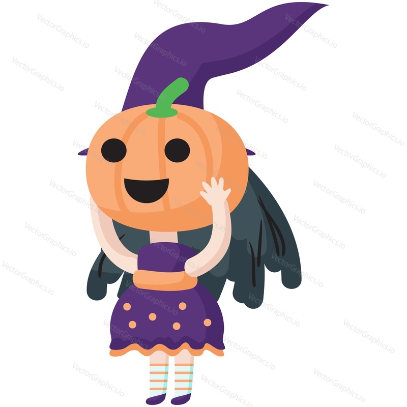 Halloween witch girl vector with pumpkin head, witchcraft hat and costume dress illustration icon isolated on white background. Autumn party celebration concept