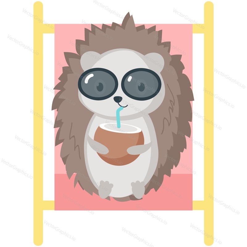 Hedgehog rest on beach vector. Cute forest prickly animal drinking coconut cocktail sunbathing on deckchair enjoy summer relax on tropical seaside illustration isolated on white background