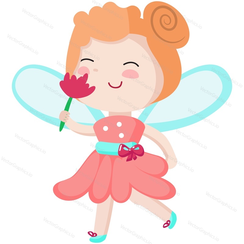 Cute fairy vector illustration. Cartoon magic girl character with wings. Fairytale princess in costume running holding and smelling flower. Fantasy little forest pixie isolated on white background