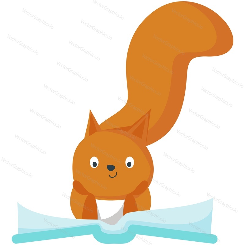 Squirrel with book vector. Animal read icon. Cute smart forest character reading illustration. Happy cartoon rodent literature lover isolated on white background