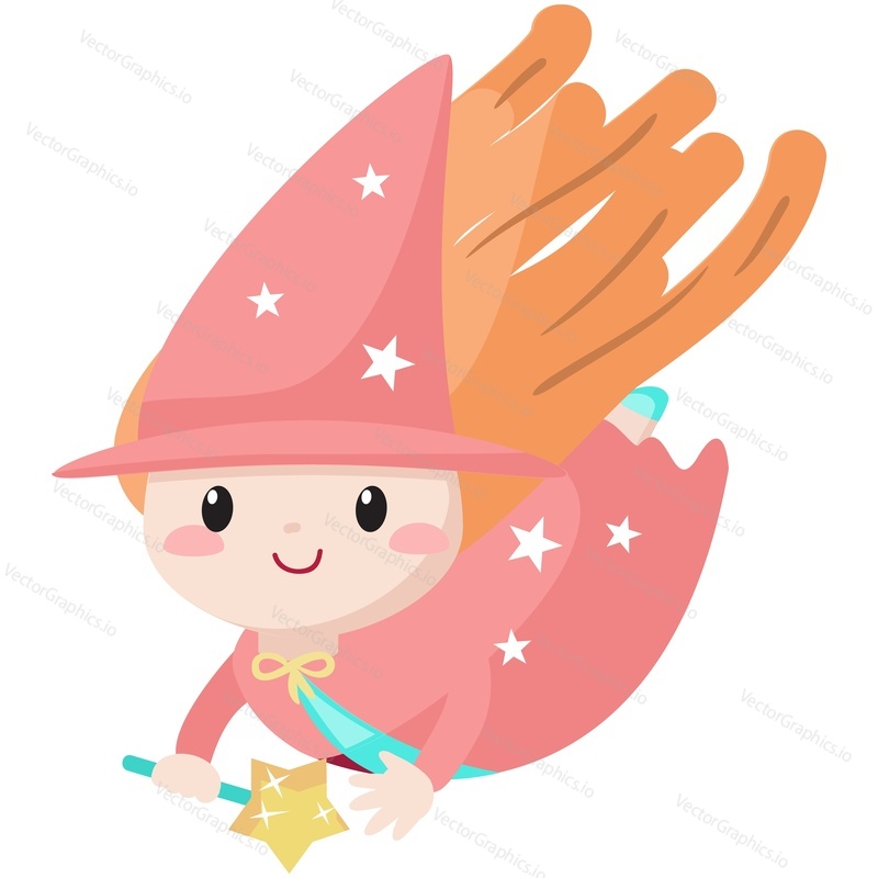 Vector enchantress. Cartoon girl character wearing pretty hat, costume flying in sky illustration. Isolated female fantasy fairytale sorcerer with magic wand on white background