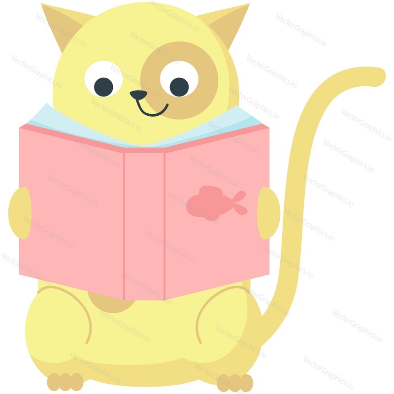 Кошка с книгой в векторе. Иллюстрация из мультфильма о животных и образовании. Милый котенок, персонаж-читатель, читает историю, выделенную на белом фоне