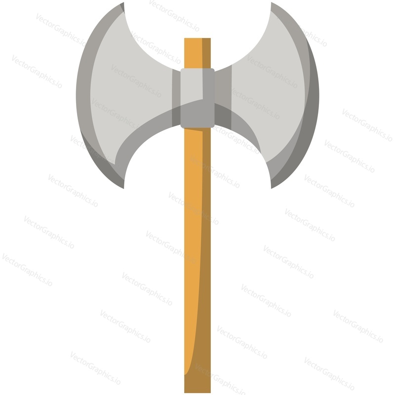 Viking battle ax vector. Double axe weapon icon. Medieval knight metal blade illustration. Barbarian war hatchet on handle isolated on white background