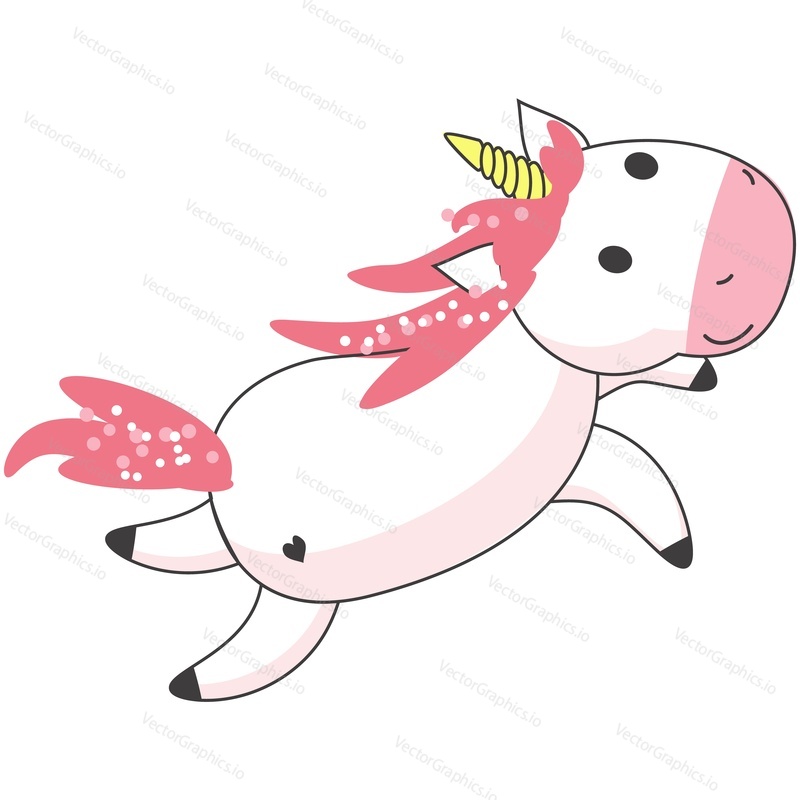 Cute unicorn vector. Baby horse cartoon icon. Charming smiling pony animal flying jumping or playing isolated character on white background