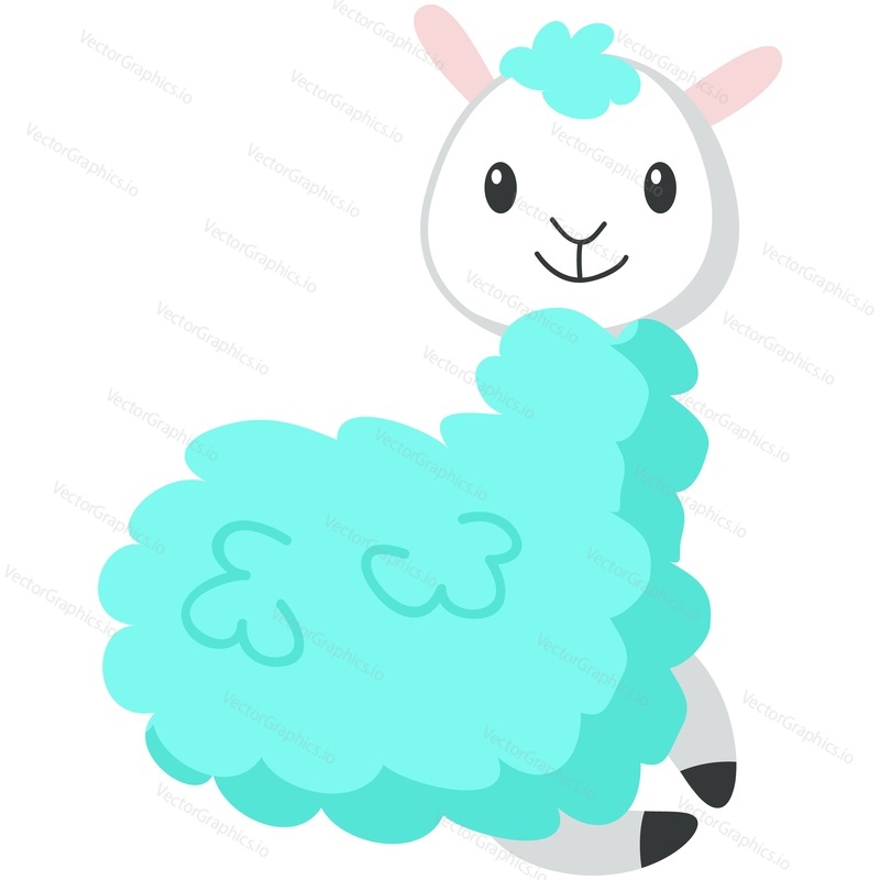 Cute alpaca vector. Funny lama rest cartoon icon. Kawaii animal smiling illustration. Happy mascot with fluffy curly green wool isolated on white background
