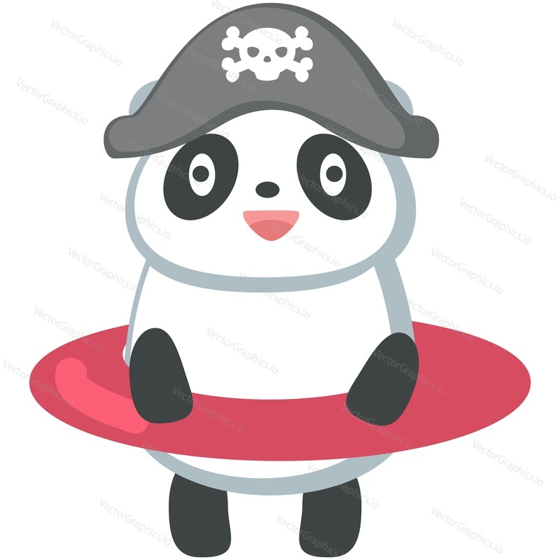 Panda pirate vector. Cute bear sailor holding lifebuoy icon. Funny baby animal marine character illustration isolated on white background