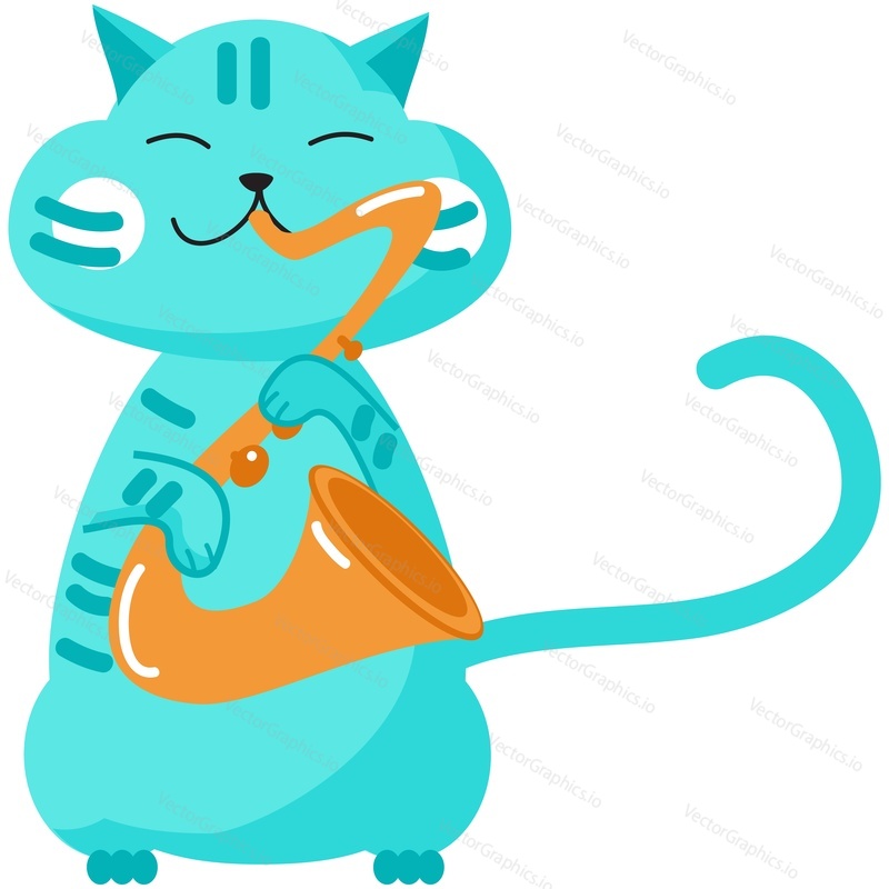 Music cat vector. Jazz animal cartoon illustration. Musician character playing saxophone instrument isolated on white background