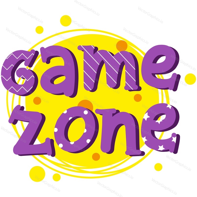 Game zone label vector. Child party room icon. Kid fun area, playground for children leisure entertainment and activity badge illustration. Cartoon round shape design isolated on white background