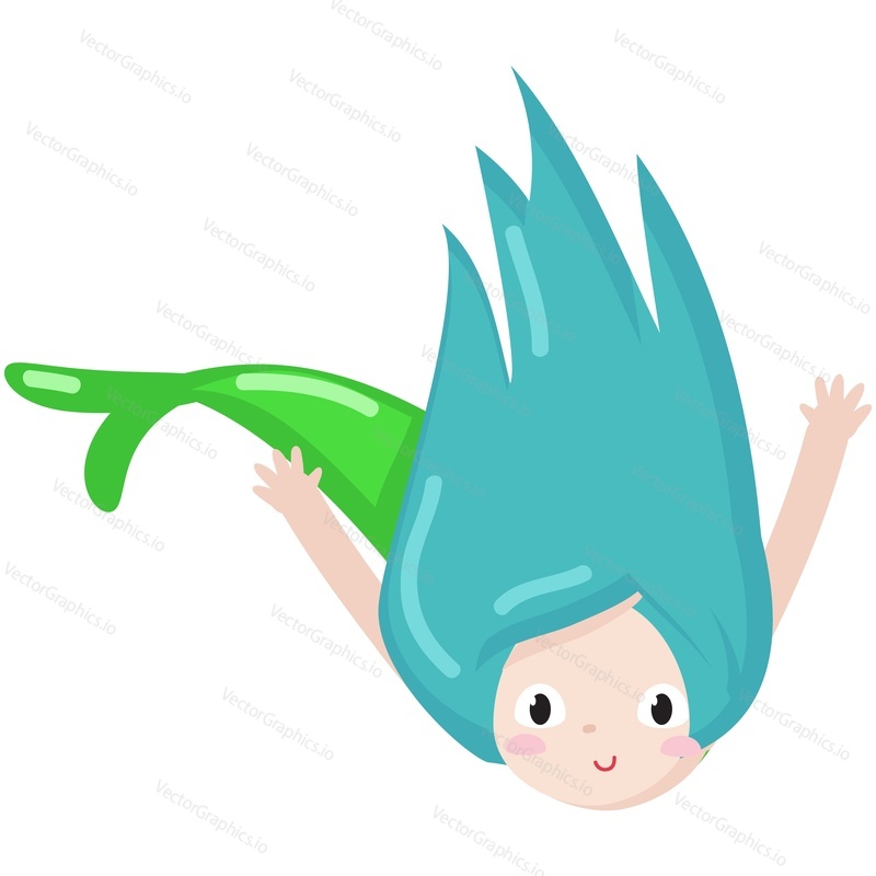 Cartoon mermaid vector. Cute girl icon illustration. Little sea fairy tale character, magic ocean princess with blue hair isolated on white background