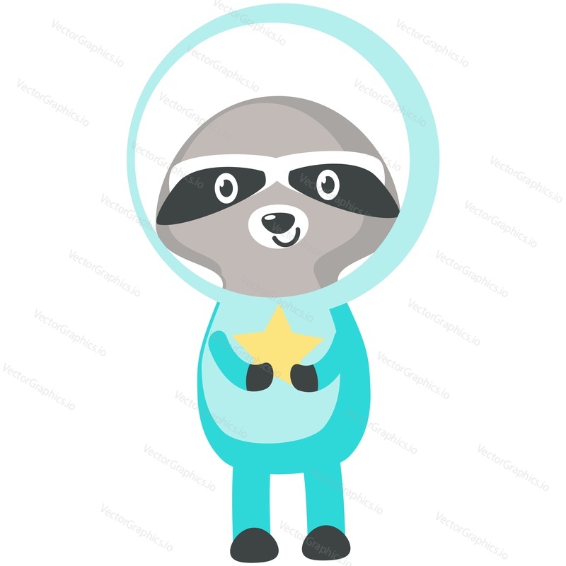 Cartoon funny raccoon in cosmonaut spacesuit vector. Funny cartoon space character icon. Comic animal spaceman in astronaut helmet holding star isolated on white background
