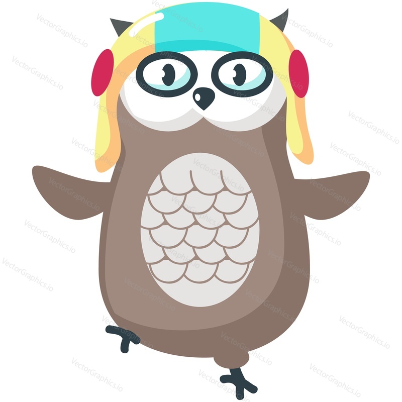 Owl cute pilot animal cartoon vector icon. Funny bird character in aviator hat helmet isolated on white background. Doodle design for postcard