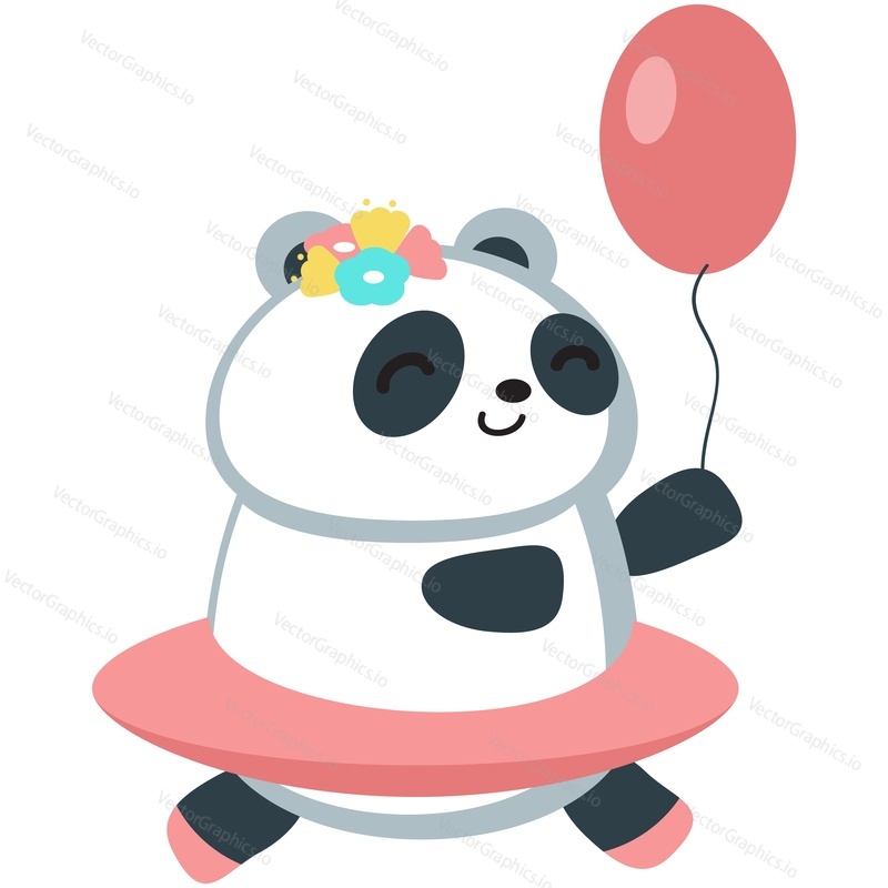 Cute cartoon panda vector. Bear animal icon. Funny baby girl cub character with happy face running holding balloon isolated on white background