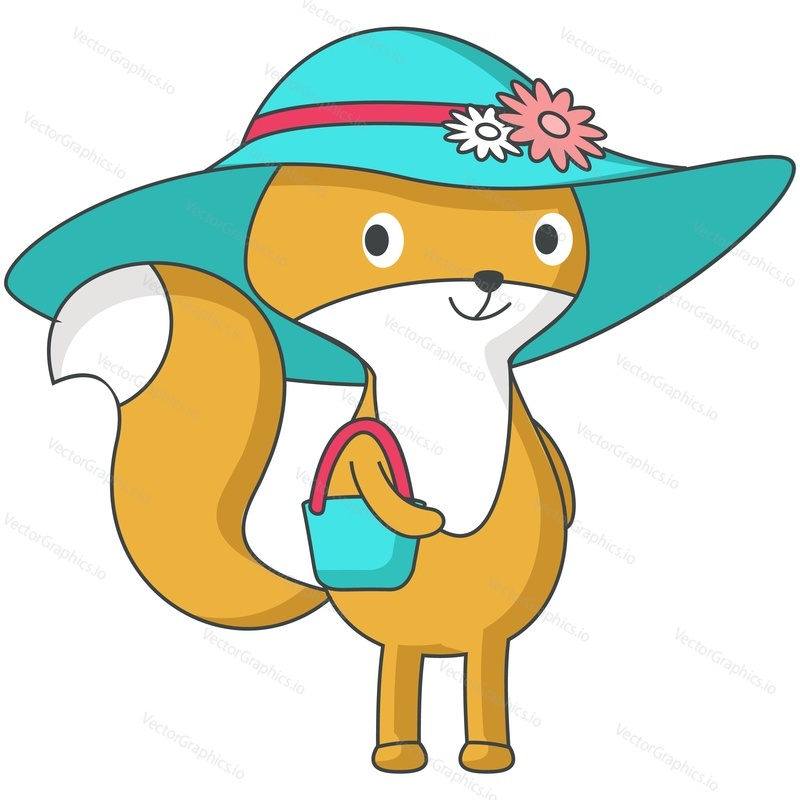 Cute fox vector icon. Woodland animal girl character wearing summer hat holding bag illustration isolated on white background