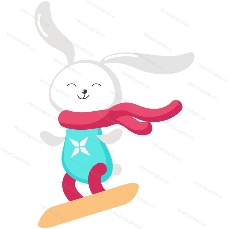 Cute bunny cartoon animal on snowboard vector. Funny rabbit snowboarder icon isolated on white background. Hare enjoy active winter fun, extreme sport, extreme riding