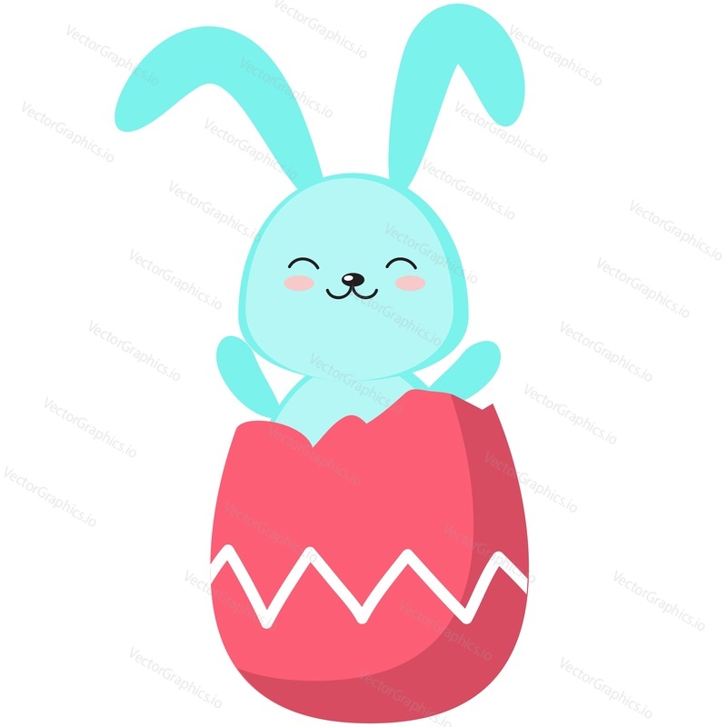 Easter bunny vector. Cute rabbit cartoon icon. Happy fluffy hare sitting in egg shell illustration isolated on white background. Animal character for spring holiday greeting card design