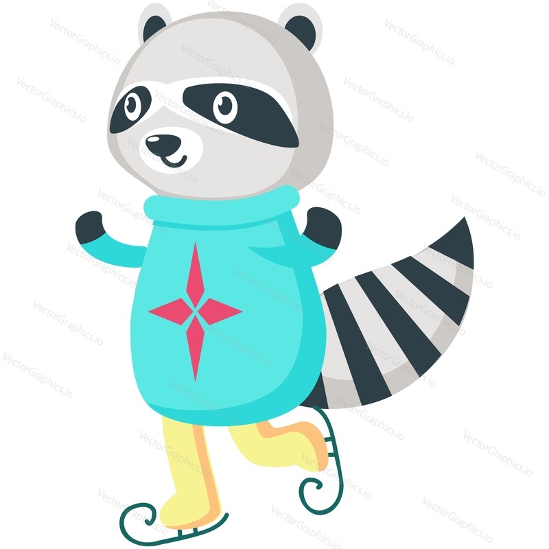 Animal skates. Raccoon winter skater vector icon. Cute cartoon character ice figure skating isolated on white background. Doodle holiday card or new year, christmas postcard design