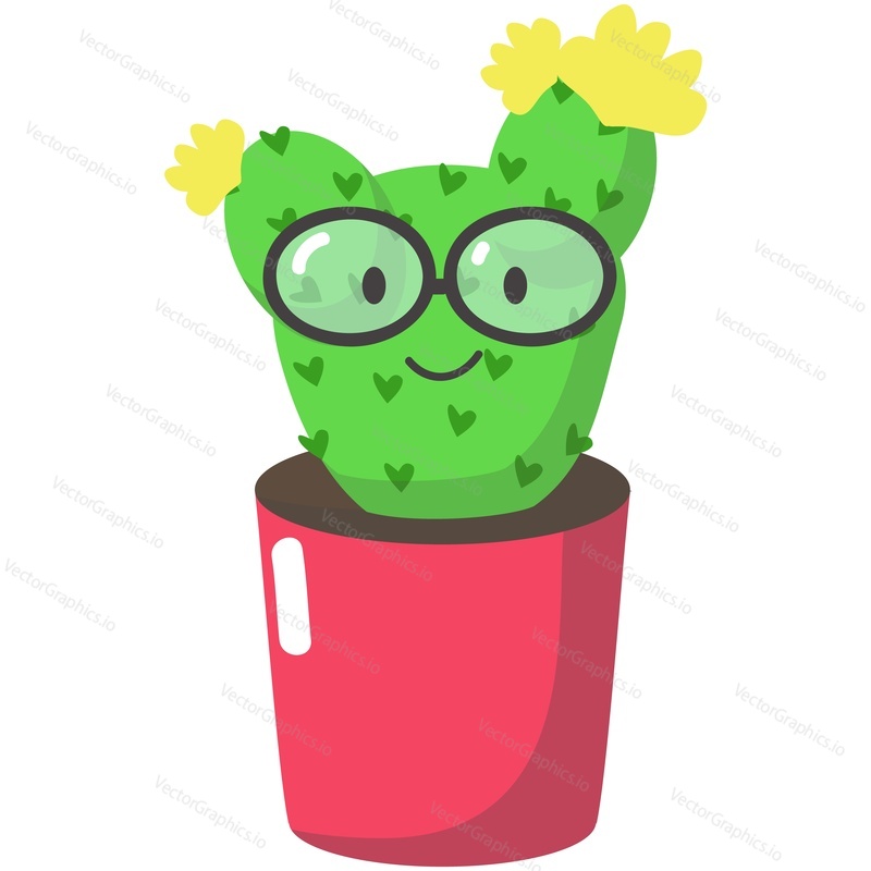 Cactus vector. Funny succulent plant nerd mascot with yellow blossom flower cartoon illustration. Cute cacti face with positive smile wearing eyeglasses in flowerpot isolated on white background