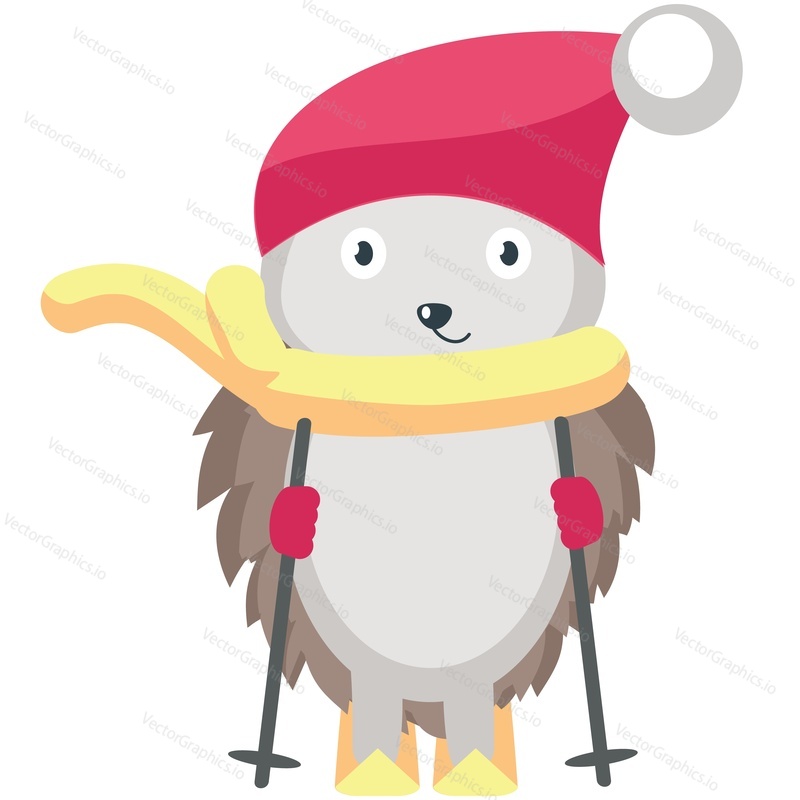 Animal ski. Cute hedgehog skier vector. Winter forest character in scarf and hat warm clothes skiing isolated on white background. Doodle holiday card or new year, christmas postcard design