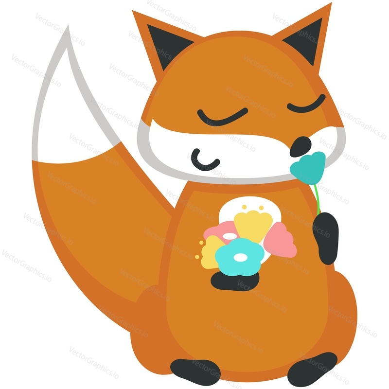 Funny fox vector. Cute forest animal cartoon icon. Comic woodland character with red tail smelling wild flower isolated on white background