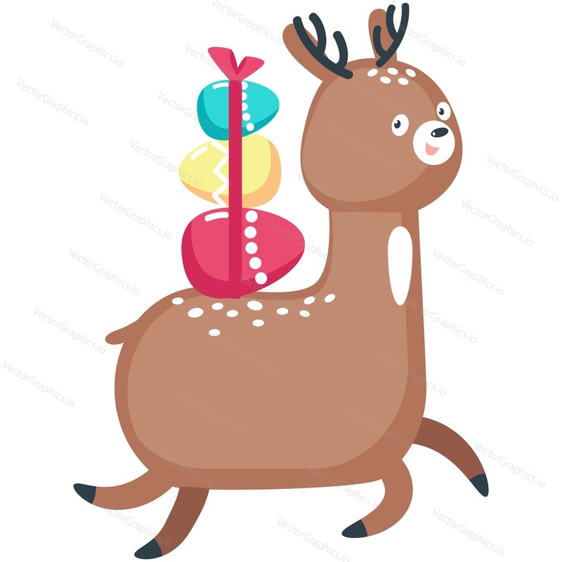 Easter vector. Cute cartoon deer character carrying gift eggs. Spring holiday horned animal for greeting doodle card decoration isolated on white background