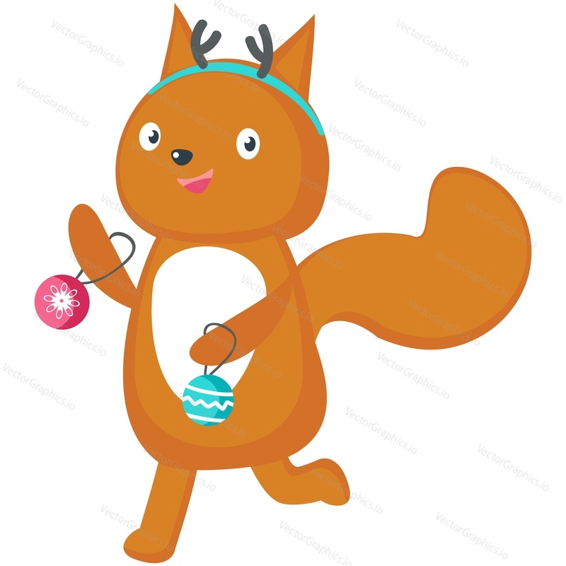 Christmas card cute animal vector icon. Squirrel running with ornament ball xmas tree decoration. Happy winter holiday invitation postcard design. Isolated on white background