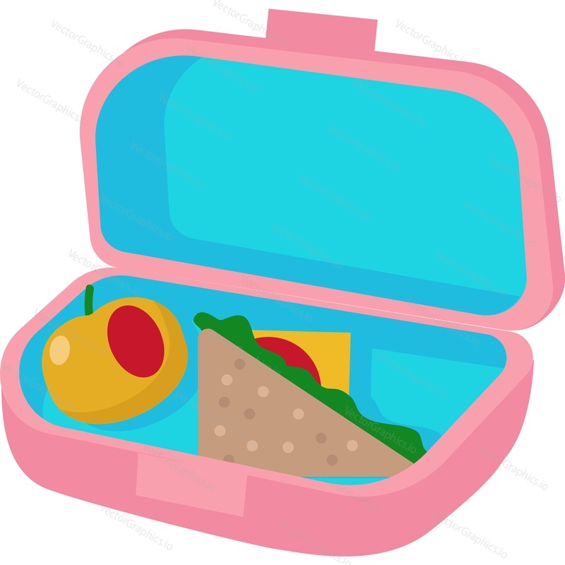 Lunch box with healthy food icon vector. School lunchbox with meal. Plastic bag with sandwich snack and apple fruit design
