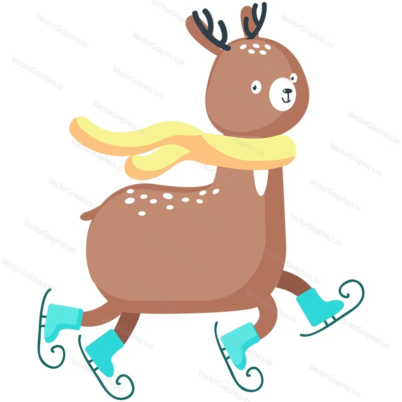 Animal skates. Deer winter skater vector icon. Cute cartoon reindeer character ice figure skating isolated on white background. Doodle holiday card or new year, christmas postcard design