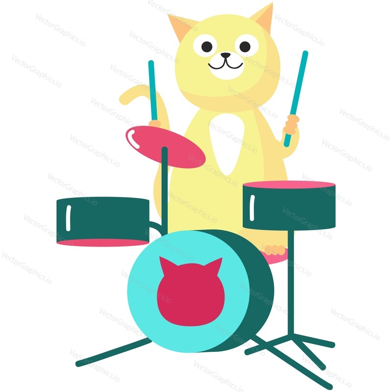 Music cat vector. Drummer animal cartoon illustration. Musician character playing drum instrument isolated on white background