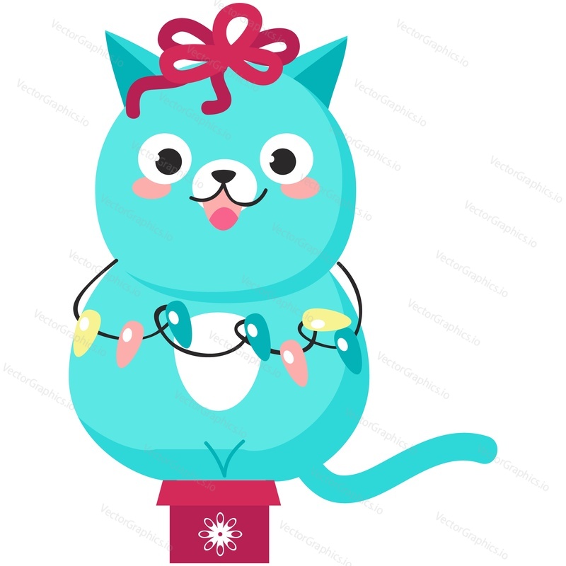 Cute Christmas cat vector. Funny winter pet character for holiday card doodle design. Fat Xmas kitten with bow and lights garland decoration sitting in small gift box isolated on white background