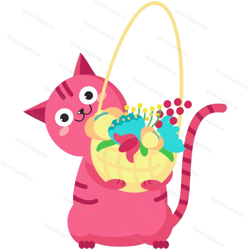 Cute vector spring cat with flower basket. Cartoon funny kitten animal icon illustration for greeting card design. Happy pet with springtime invitation isolated on white background