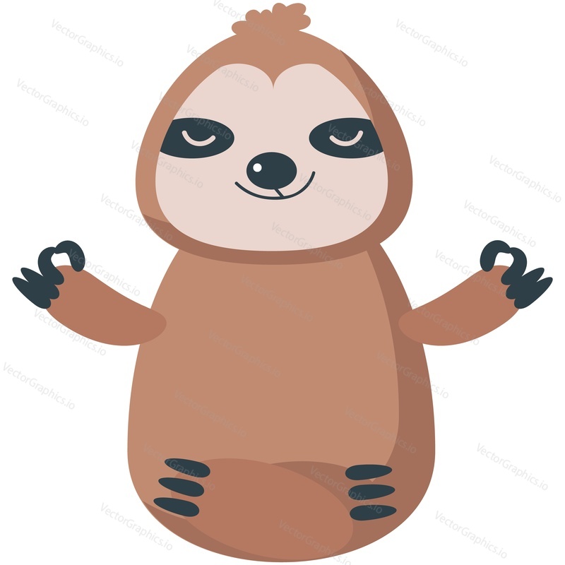Cute sloth vector. Cartoon animal meditating sitting in lotus pose icon. Funny lazy baby forest character doing yoga breathing exercise isolated on white background