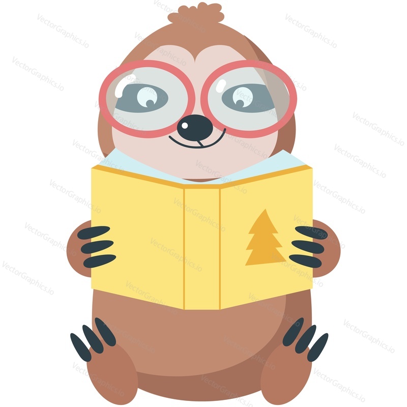 Cute sloth vector. Cartoon animal reading story book icon. Funny smart baby forest character in eyeglasses with fairytale isolated on white background