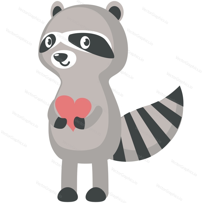 Cute raccoon with heart vector. Funny woodland animal character fall in love cartoon icon illustration isolated on white background