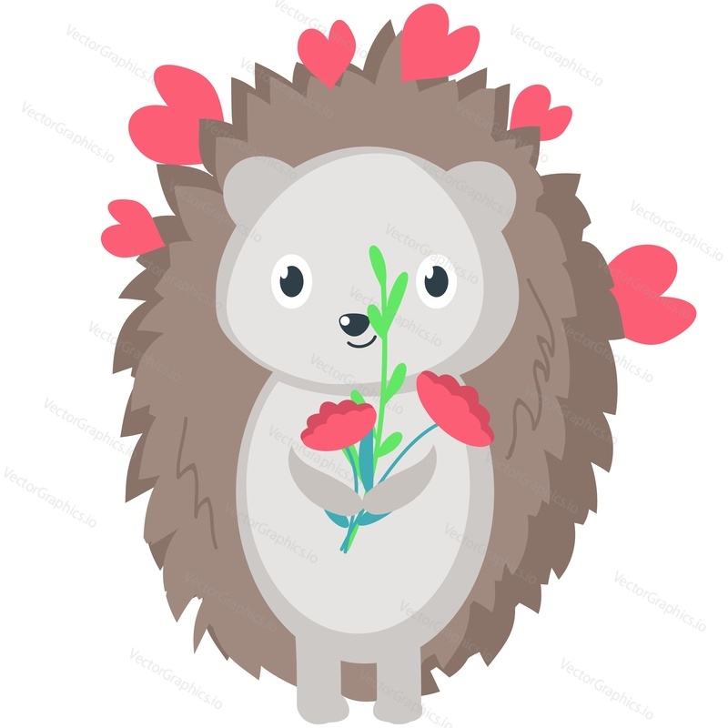 Animal with love vector. Cute hedgehog with spring flower icon illustration. Sweet happy character for valentine, birthday or wedding postcard romantic poster design. Isolated on white background