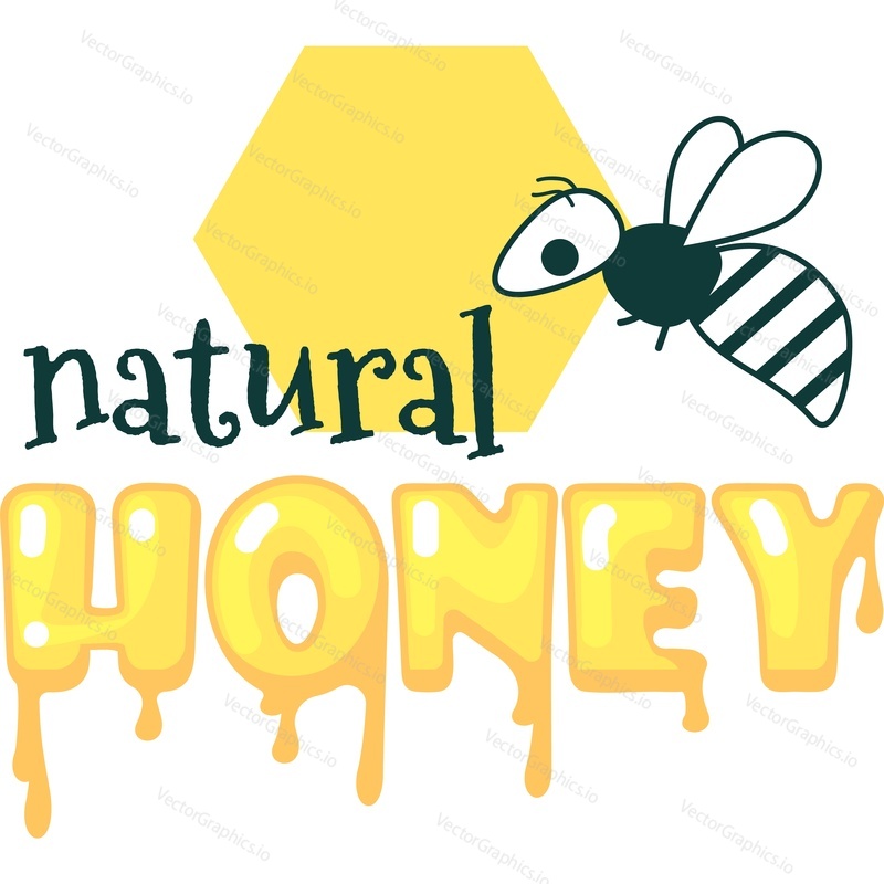 Natural honey icon. Vector sticker, label or logo with dripping headline text, bee and sweet nectar honeycomb cell design isolated on white background