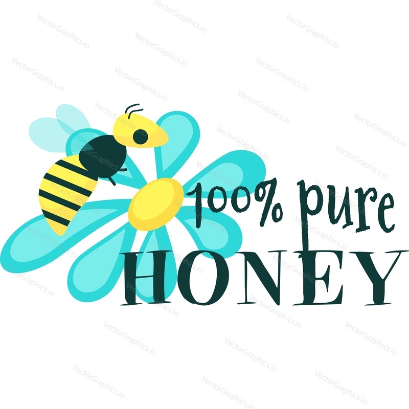 100 percent pure honey icon. Vector sticker, label or logo with headline text, bee and flower design isolated on white background