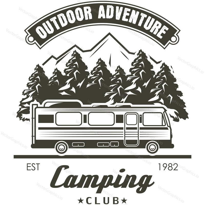 Camp logo vector. Vintage rv adventure badge. Summer road travel in forest mountain by trailer van retro emblem icon isolated on white background