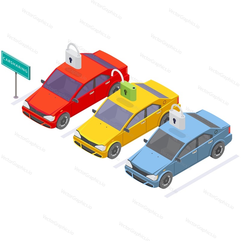 Car sharing service vector isometric icon. Available and unavailable vehicle for rent parking at station isolated on white background. Economy transportation, carsharing and carpooling