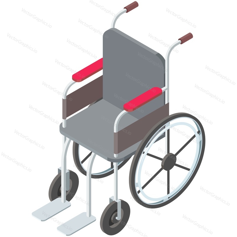 Wheelchair vector. Isometric wheel chair icon. Equipment disabled mobility, safety transport for paraplegic person isolated on white background. People physical rehabilitation and recovery