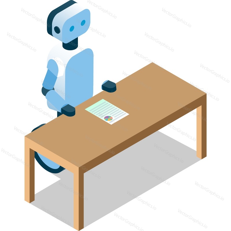 Strojové učení ikona vektor. Robot sedí u stolu izolovaných na bílém pozadí