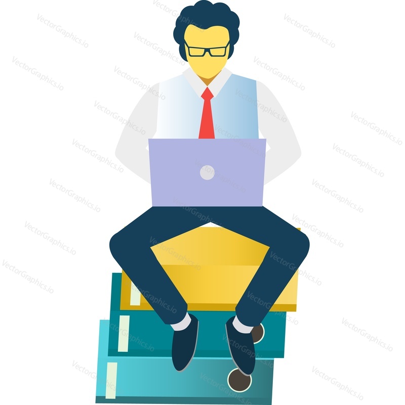 Перегруженный работой мужчина использует ноутбук для работы в Интернете в векторном формате. Занятый фрилансер, сидящий за стопкой офисных папок и работающий за компьютером, выделенным на белом фоне