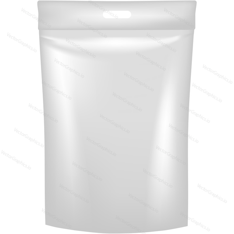 Pouch bag food pack mockup vector icon. White product package template. 3d clear foil or plastic hygiene sachet with zipper isolated