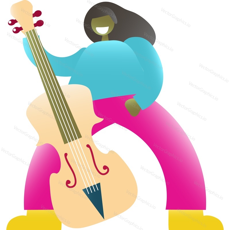 Woman play double bass music instrument vector icon isolated on white background. Musician of jazz band performance