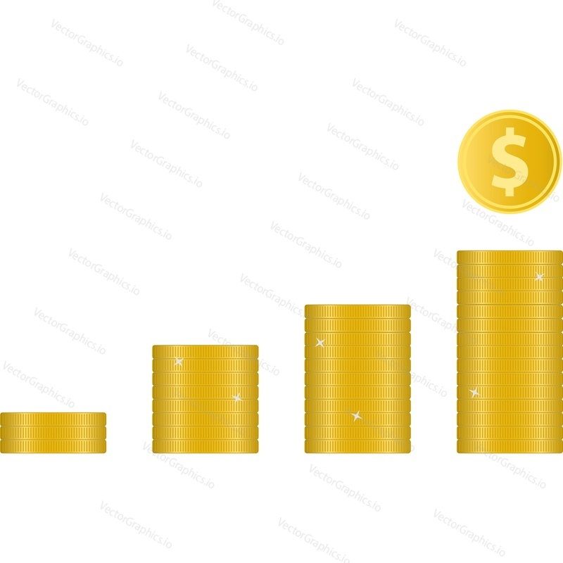 Coin bar graph vector. Ikona zásobníku zlatého grafu. Dolar peníze růst stock grafický 3D izolovaných na bílém pozadí