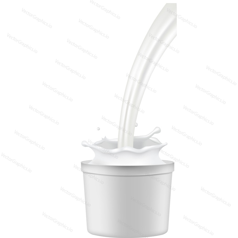 Yogurt splash in pack mockup vector icon. Blank package container template isolated on white background. Branding and packaging realistic design