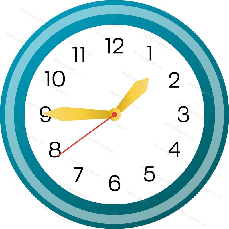 Clock vector. Time watch icon. Round wall office alarm timer face with arrow pointer isolated on white background
